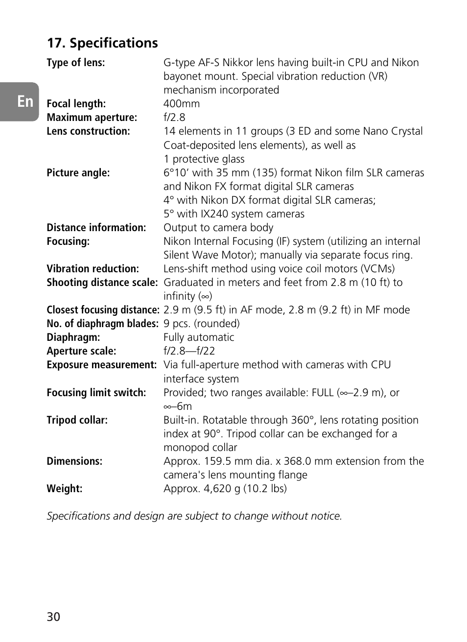 Specifications | Nikon 400mm-f28G-ED-AF-S-VR-Nikkor User Manual | Page 30 / 196
