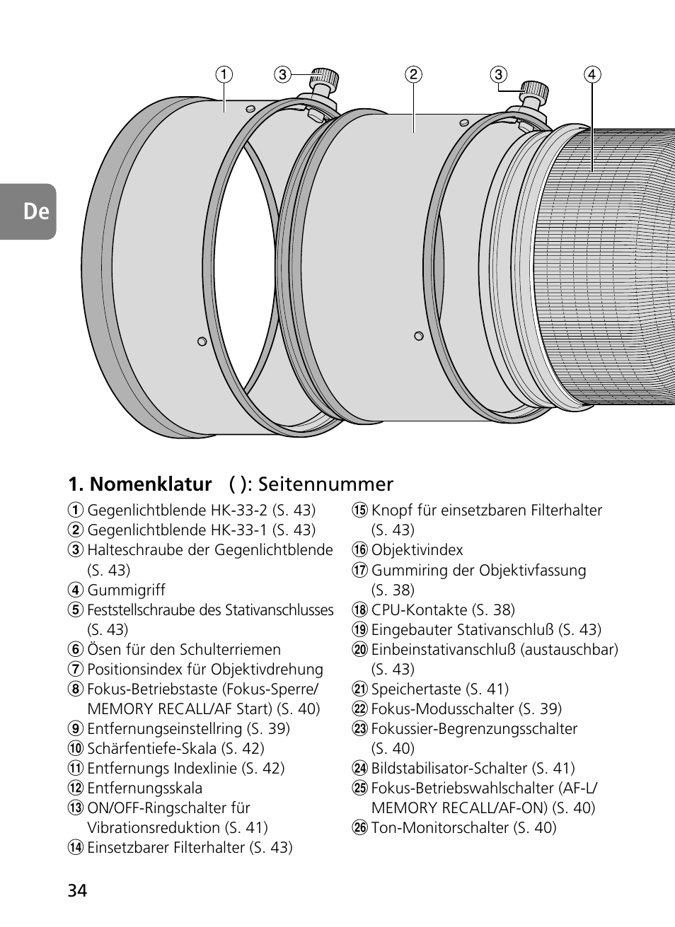 Nomenklatur ( ): seitennummer | Nikon 400mm-f28G-ED-AF-S-VR-Nikkor User Manual | Page 34 / 196
