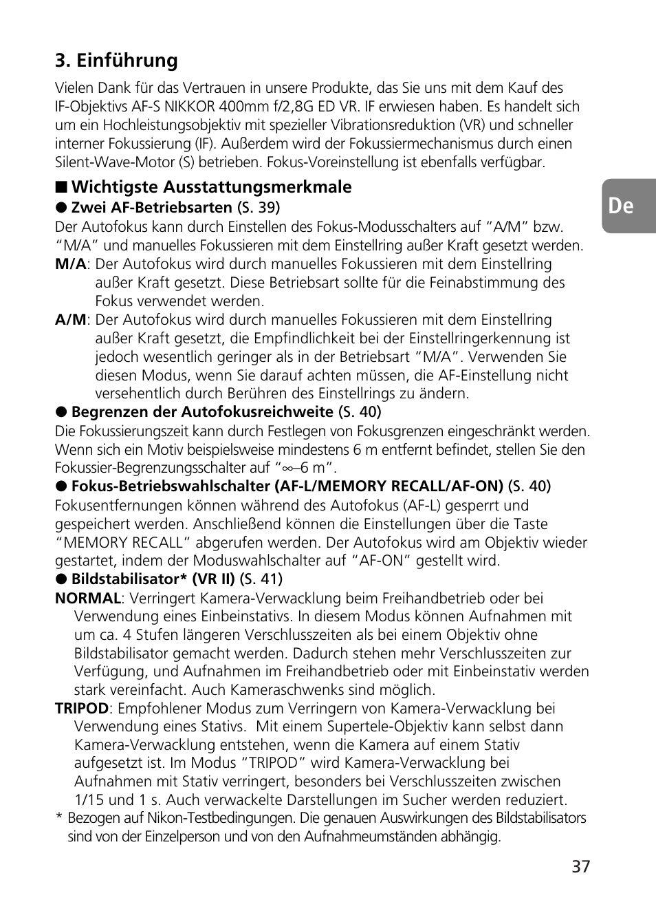 Einführung | Nikon 400mm-f28G-ED-AF-S-VR-Nikkor User Manual | Page 37 / 196