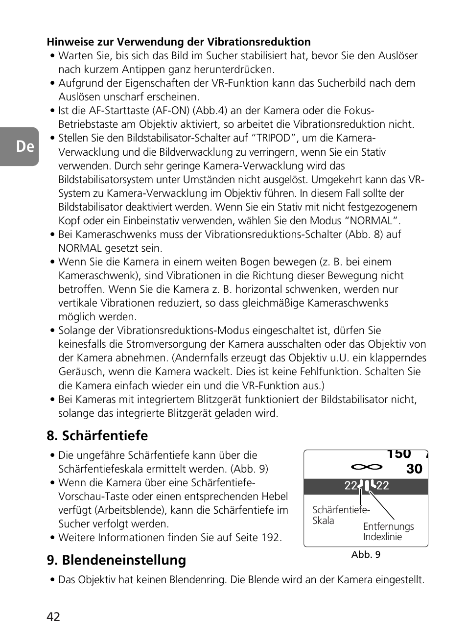 Schärfentiefe, Blendeneinstellung | Nikon 400mm-f28G-ED-AF-S-VR-Nikkor User Manual | Page 42 / 196