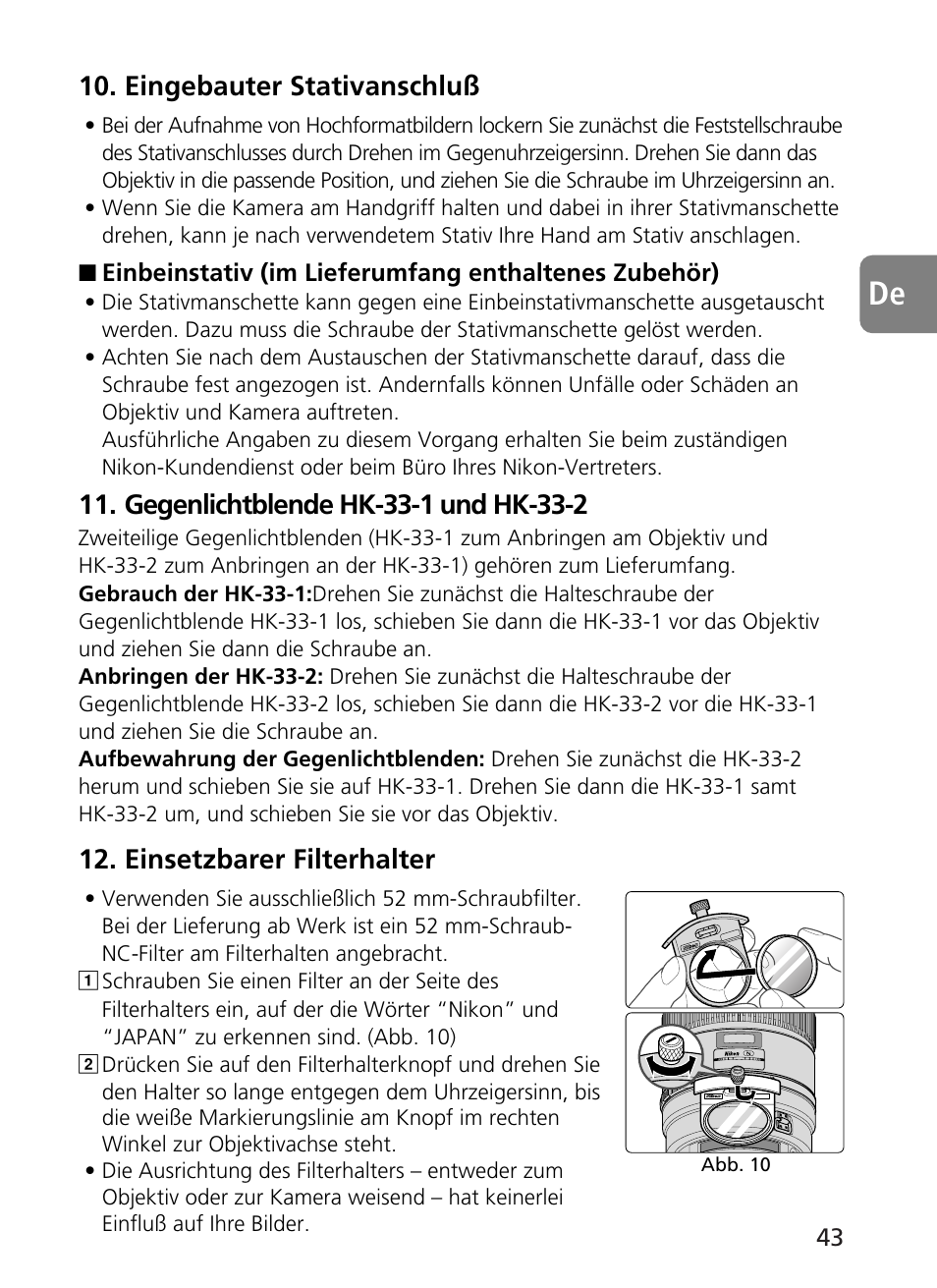Eingebauter stativanschluß, Einsetzbarer filterhalter | Nikon 400mm-f28G-ED-AF-S-VR-Nikkor User Manual | Page 43 / 196
