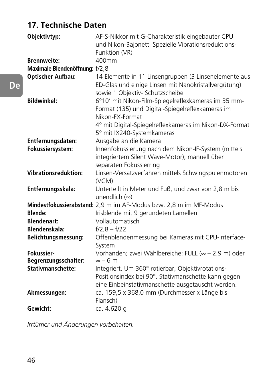Technische daten | Nikon 400mm-f28G-ED-AF-S-VR-Nikkor User Manual | Page 46 / 196