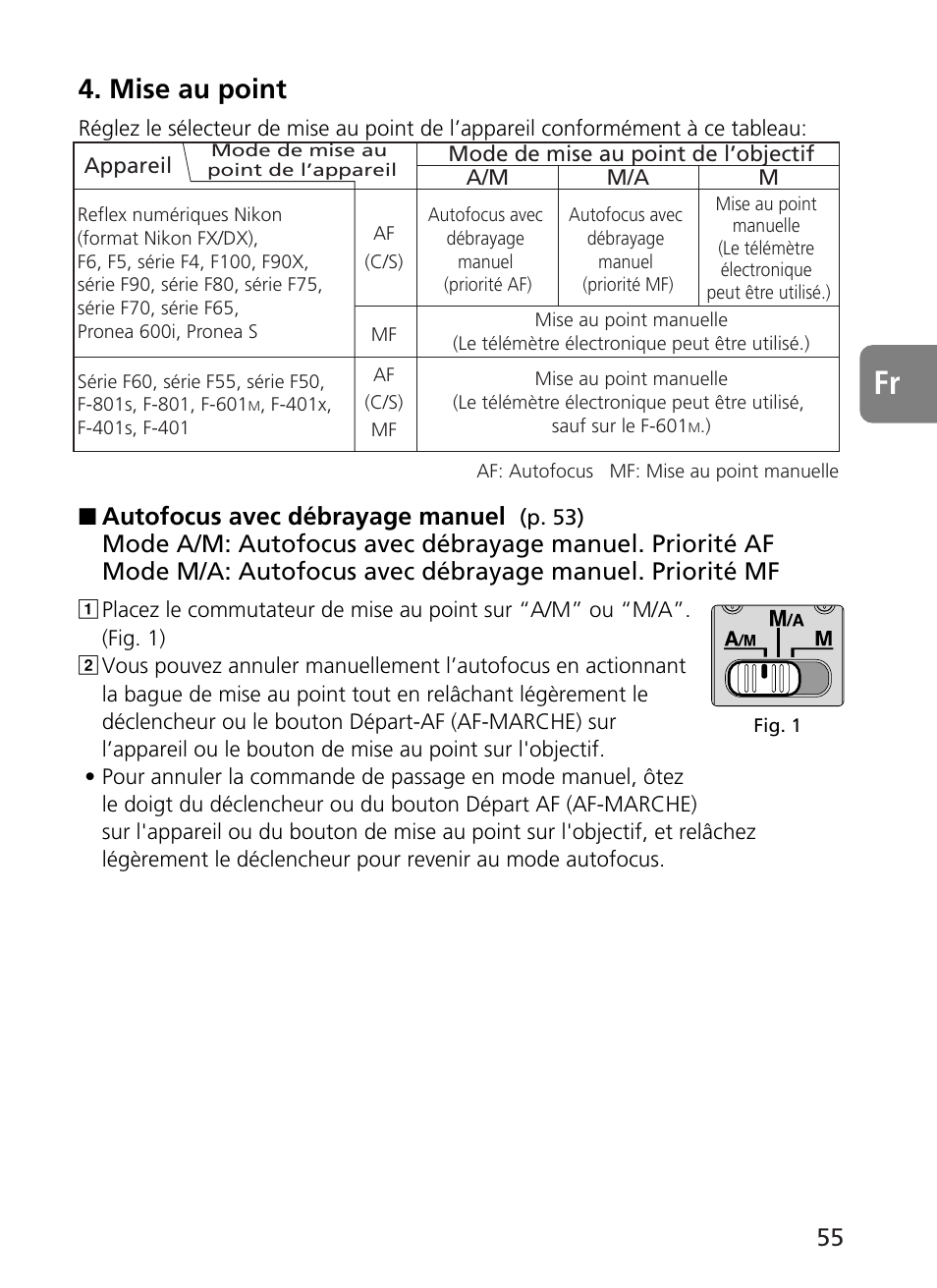 Mise au point, Autofocus avec débrayage manuel | Nikon 400mm-f28G-ED-AF-S-VR-Nikkor User Manual | Page 55 / 196