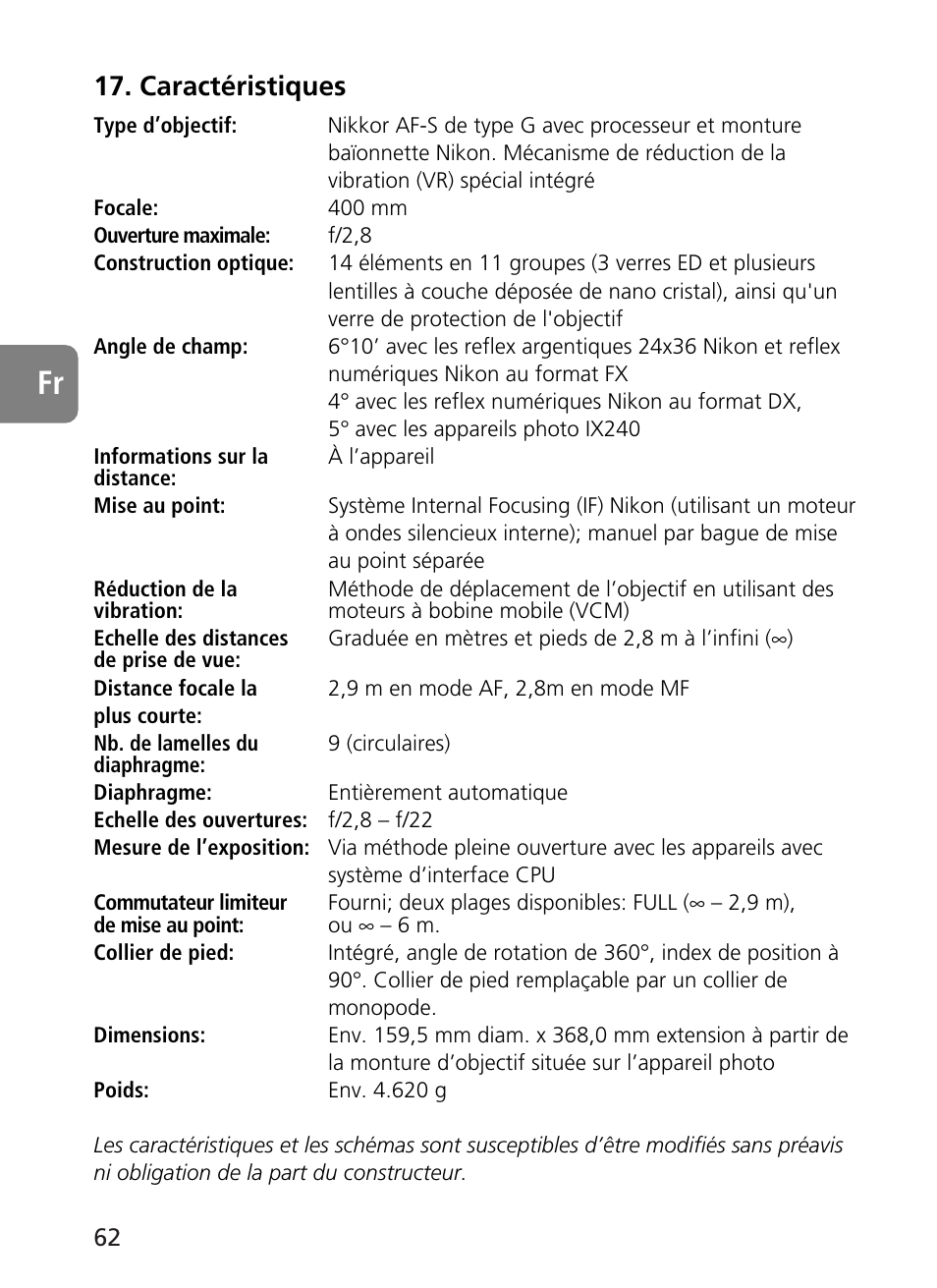 Caractéristiques | Nikon 400mm-f28G-ED-AF-S-VR-Nikkor User Manual | Page 62 / 196