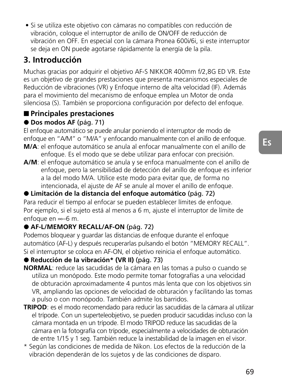 Introducción | Nikon 400mm-f28G-ED-AF-S-VR-Nikkor User Manual | Page 69 / 196