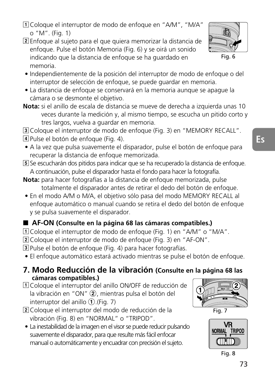 Modo reducción de la vibración | Nikon 400mm-f28G-ED-AF-S-VR-Nikkor User Manual | Page 73 / 196