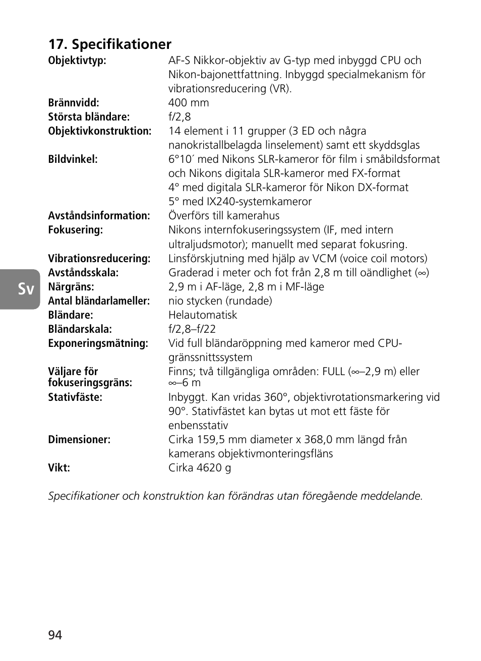 Specifikationer | Nikon 400mm-f28G-ED-AF-S-VR-Nikkor User Manual | Page 94 / 196