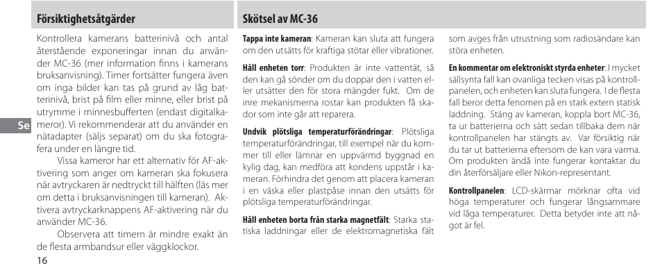 Försiktighetsåtgärder, Skötsel av mc-36 | Nikon Autre-télécommande User Manual | Page 108 / 236