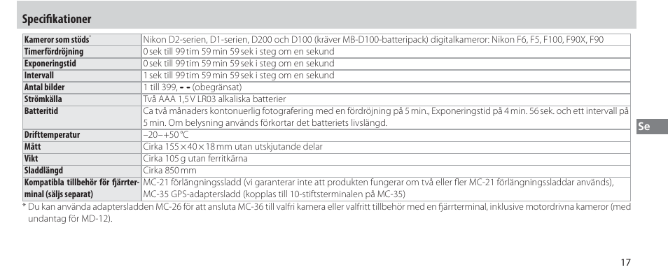 Specifi kationer | Nikon Autre-télécommande User Manual | Page 109 / 236