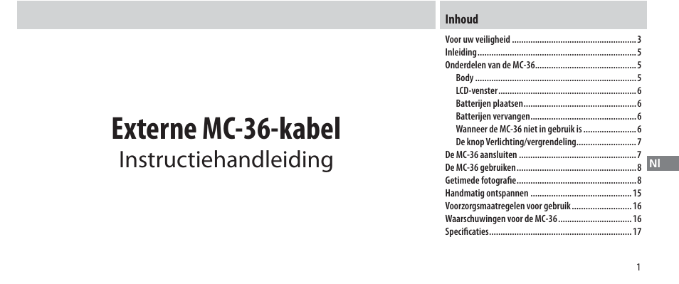 Inhoud, Externe mc-36-kabel, Instructiehandleiding | Nikon Autre-télécommande User Manual | Page 129 / 236
