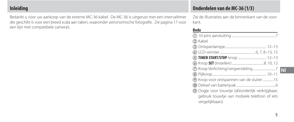 Inleiding, Onderdelen van de mc-36, Body | Inleiding onderdelen van de mc-36 (1/3) | Nikon Autre-télécommande User Manual | Page 133 / 236