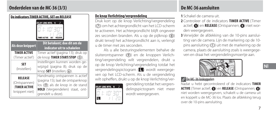 De knop verlichting/vergrendeling, De mc-36 aansluiten | Nikon Autre-télécommande User Manual | Page 135 / 236