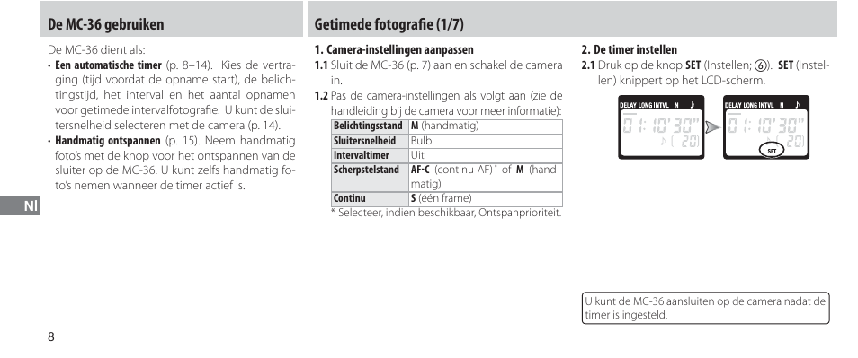 De mc-36 gebruiken, Getimede fotografi e, Getimede fotografi e (1/7) | Nikon Autre-télécommande User Manual | Page 136 / 236