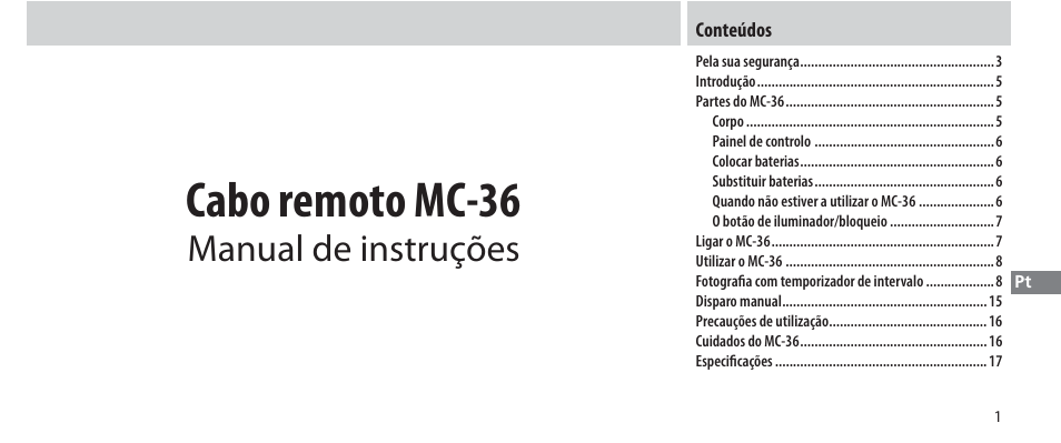 Conteúdos, Cabo remoto mc-36, Manual de instruções | Nikon Autre-télécommande User Manual | Page 147 / 236