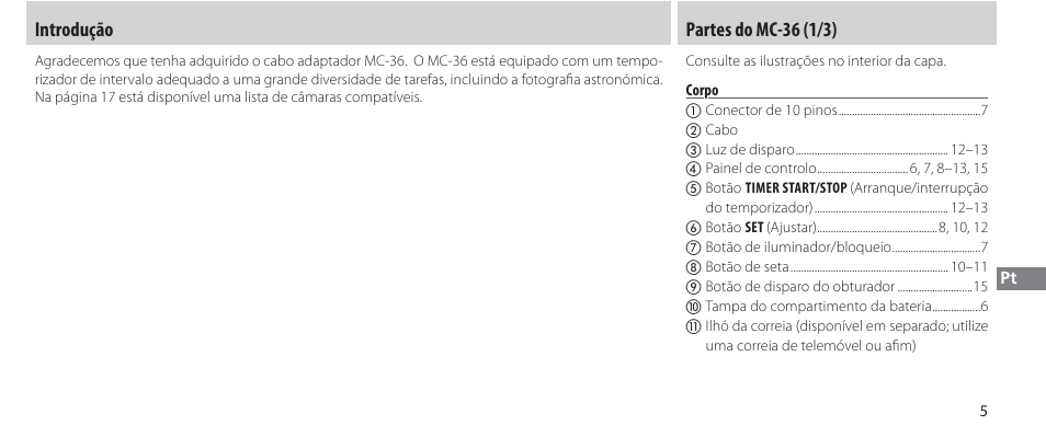 Introdução, Partes do mc-36, Corpo | Introdução partes do mc-36 (1/3) | Nikon Autre-télécommande User Manual | Page 151 / 236