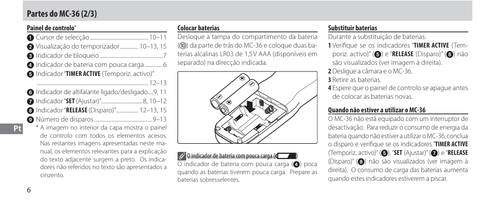 Painel de controlo, Colocar baterias, Substituir baterias | Quando não estiver a utilizar o mc-36, Partes do mc-36 (2/3) | Nikon Autre-télécommande User Manual | Page 152 / 236