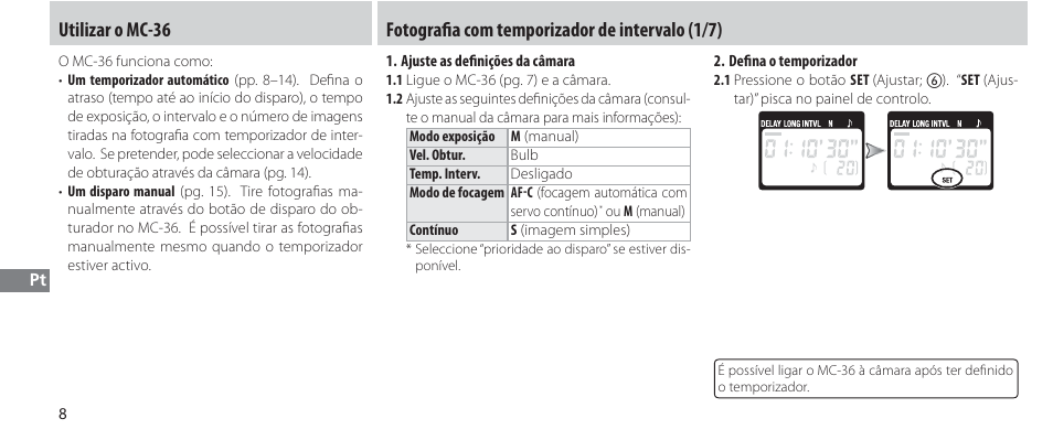 Utilizar o mc-36, Fotografi a com temporizador de intervalo, Fotografi a com temporizador de intervalo (1/7) | Nikon Autre-télécommande User Manual | Page 154 / 236