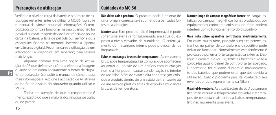 Precauções de utilização, Cuidados do mc-36 | Nikon Autre-télécommande User Manual | Page 162 / 236