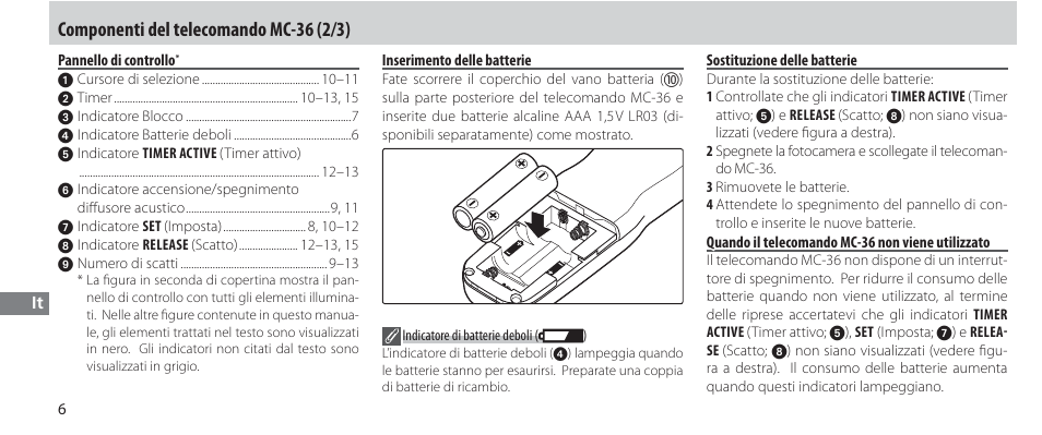 Pannello di controllo, Inserimento delle batterie, Sostituzione delle batterie | Quando il telecomando mc-36 non viene utilizzato, Componenti del telecomando mc-36 (2/3) | Nikon Autre-télécommande User Manual | Page 170 / 236