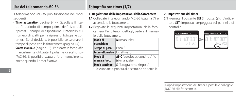Uso del telecomando mc-36, Fotografi a con timer, Fotografi a con timer (1/7) | Nikon Autre-télécommande User Manual | Page 172 / 236