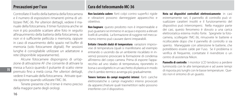 Precauzioni per l’uso, Cura del telecomando mc-36 | Nikon Autre-télécommande User Manual | Page 180 / 236