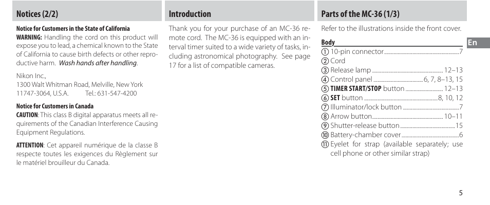 Introduction, Parts of the mc-36, Body | Notices (2/2), Introduction parts of the mc-36 (1/3) | Nikon Autre-télécommande User Manual | Page 25 / 236