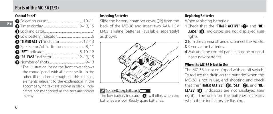 Control panel, Inserting batteries, Replacing batteries | When the mc-36 is not in use, Parts of the mc-36 (2/3) | Nikon Autre-télécommande User Manual | Page 26 / 236