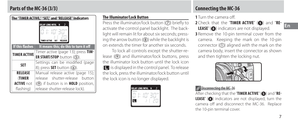 The illuminator/lock button, Connecting the mc-36 | Nikon Autre-télécommande User Manual | Page 27 / 236