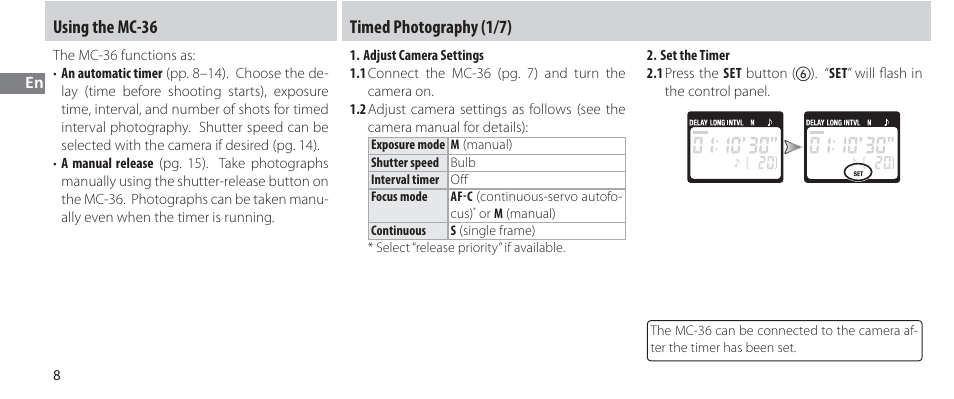 Using the mc-36, Timed photography, Timed photography (1/7) | Nikon Autre-télécommande User Manual | Page 28 / 236