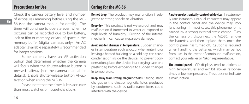 Precautions for use, Caring for the mc-36 | Nikon Autre-télécommande User Manual | Page 36 / 236