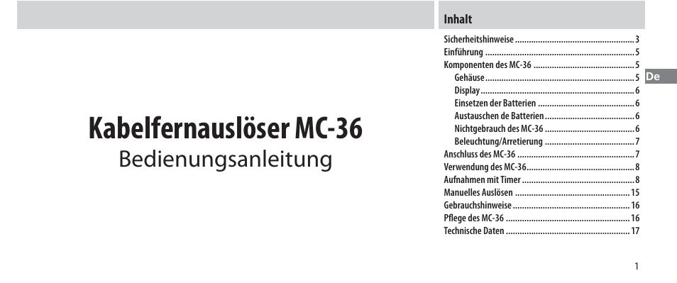 Inhalt, Kabelfernauslöser mc-36, Bedienungsanleitung | Nikon Autre-télécommande User Manual | Page 39 / 236