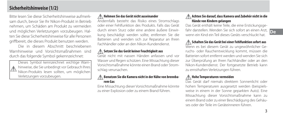 Sicherheitshinweise, Sicherheitshinweise (1/2) | Nikon Autre-télécommande User Manual | Page 41 / 236