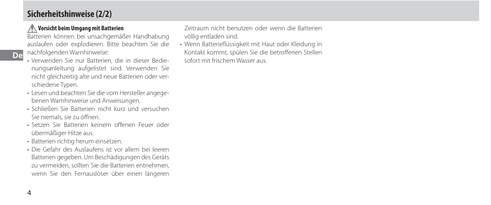 Sicherheitshinweise (2/2) | Nikon Autre-télécommande User Manual | Page 42 / 236