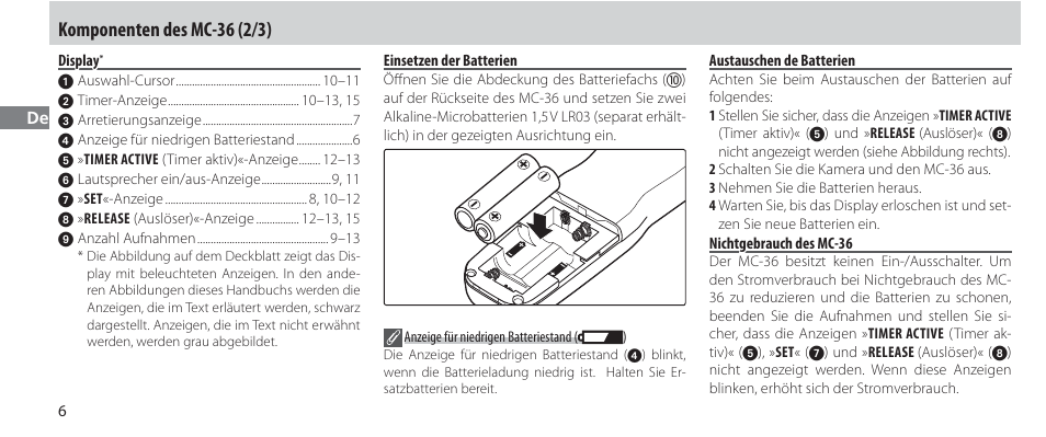 Display, Einsetzen der batterien, Austauschen de batterien | Nichtgebrauch des mc-36, Komponenten des mc-36 (2/3) | Nikon Autre-télécommande User Manual | Page 44 / 236