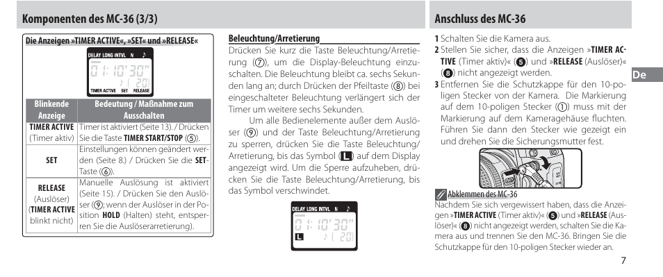 Beleuchtung/arretierung, Anschluss des mc-36 | Nikon Autre-télécommande User Manual | Page 45 / 236