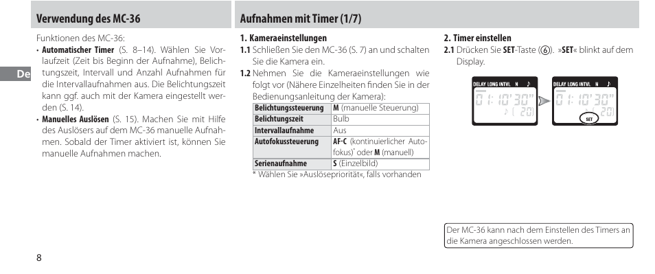 Verwendung des mc-36, Aufnahmen mit timer, Aufnahmen mit timer (1/7) | Nikon Autre-télécommande User Manual | Page 46 / 236