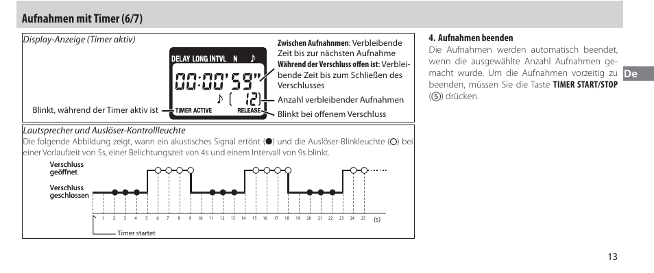 Aufnahmen mit timer (6/7), Aufnahmen beenden, Display-anzeige (timer aktiv) | Lautsprecher und auslöser-kontrollleuchte | Nikon Autre-télécommande User Manual | Page 51 / 236