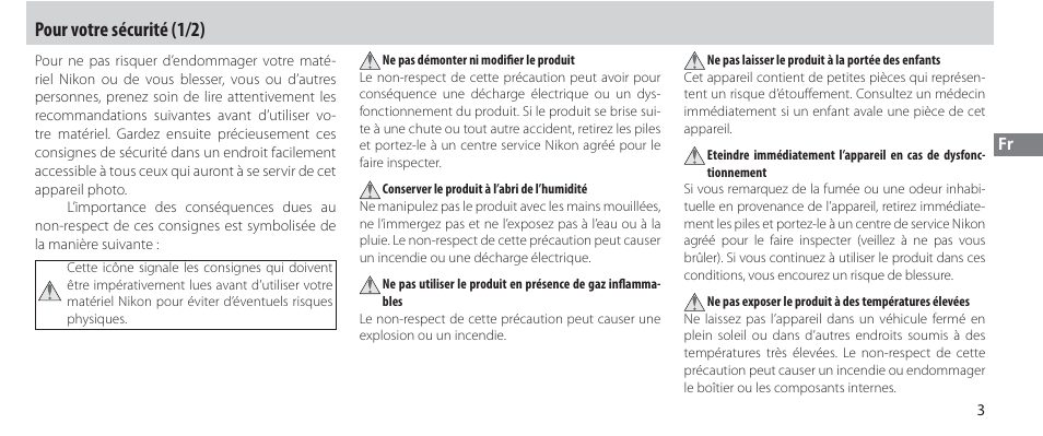 Pour votre sécurité, Pour votre sécurité (1/2) | Nikon Autre-télécommande User Manual | Page 59 / 236
