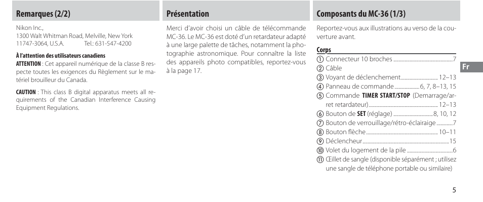 Présentation, Composants du mc-36, Corps | Remarques (2/2), Présentation composants du mc-36 (1/3) | Nikon Autre-télécommande User Manual | Page 61 / 236