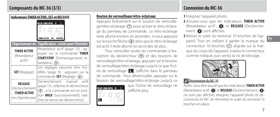 Bouton de verrouillage/rétro-éclairage, Connexion du mc-36 | Nikon Autre-télécommande User Manual | Page 63 / 236