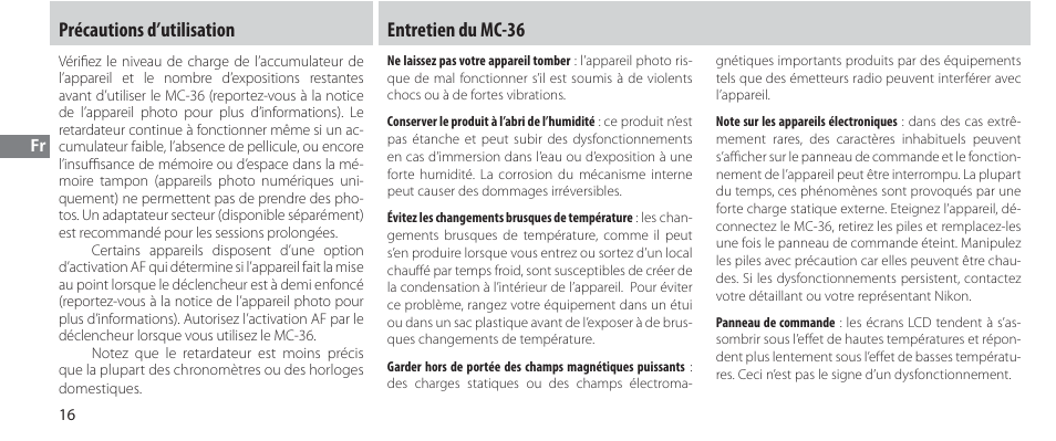 Précautions d’utilisation, Entretien du mc-36 | Nikon Autre-télécommande User Manual | Page 72 / 236