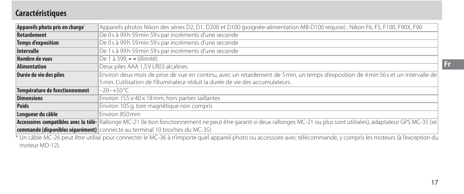 Caractéristiques | Nikon Autre-télécommande User Manual | Page 73 / 236