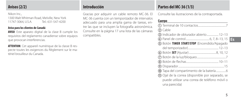 Introducción, Partes del mc-36, Cuerpo | Avisos (2/2), Introducción partes del mc-36 (1/3) | Nikon Autre-télécommande User Manual | Page 79 / 236
