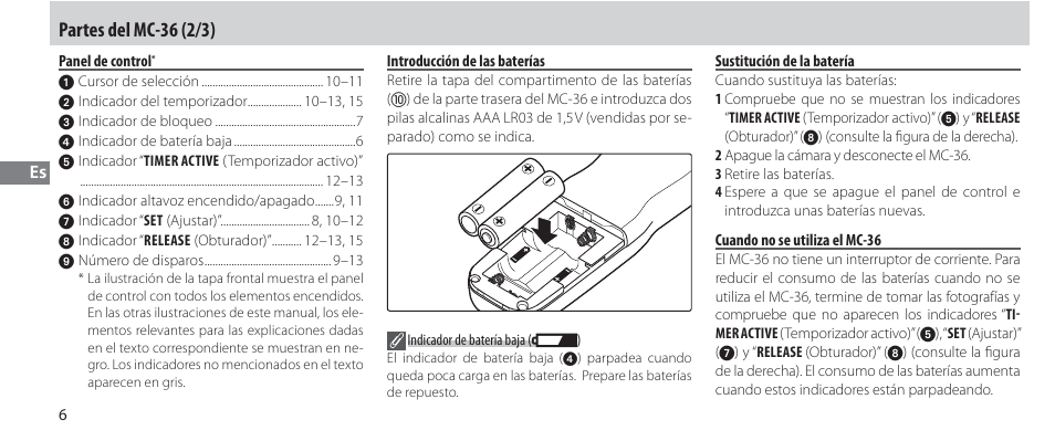 Panel de control, Introducción de las baterías, Sustitución de la batería | Cuando no se utiliza el mc-36, Partes del mc-36 (2/3) | Nikon Autre-télécommande User Manual | Page 80 / 236