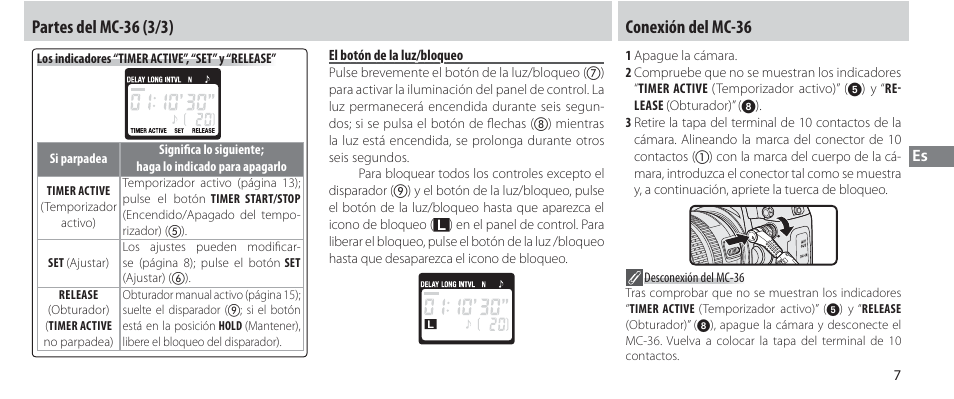 El botón de la luz/bloqueo, Conexión del mc-36 | Nikon Autre-télécommande User Manual | Page 81 / 236