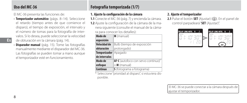 Uso del mc-36, Fotografía temporizada, Fotografía temporizada (1/7) | Nikon Autre-télécommande User Manual | Page 82 / 236