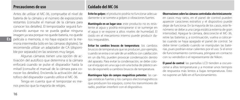 Precauciones de uso, Cuidado del mc-36 | Nikon Autre-télécommande User Manual | Page 90 / 236