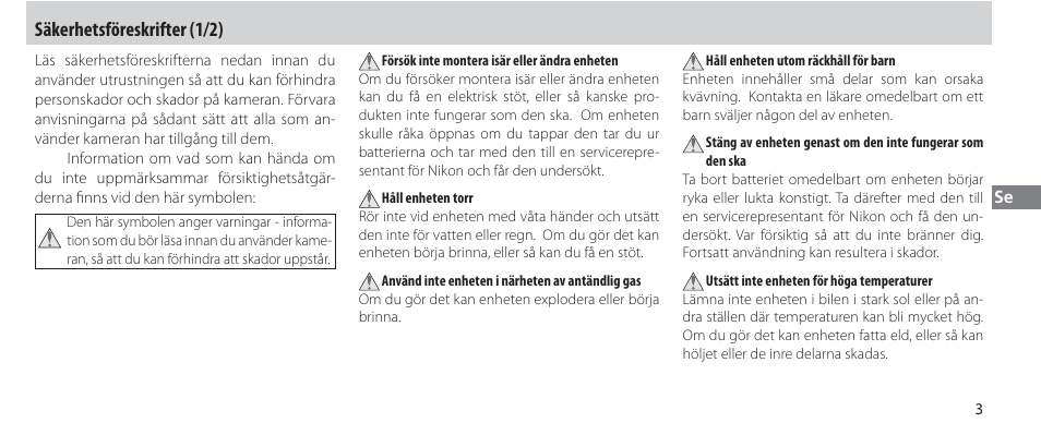 Säkerhetsföreskrifter, Säkerhetsföreskrifter (1/2) | Nikon Autre-télécommande User Manual | Page 95 / 236