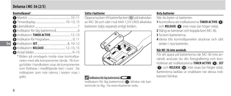 Kontrollpanel, Sätta i batterier, Byta batterier | När mc-36 inte används, Delarna i mc-36 (2/3) | Nikon Autre-télécommande User Manual | Page 98 / 236