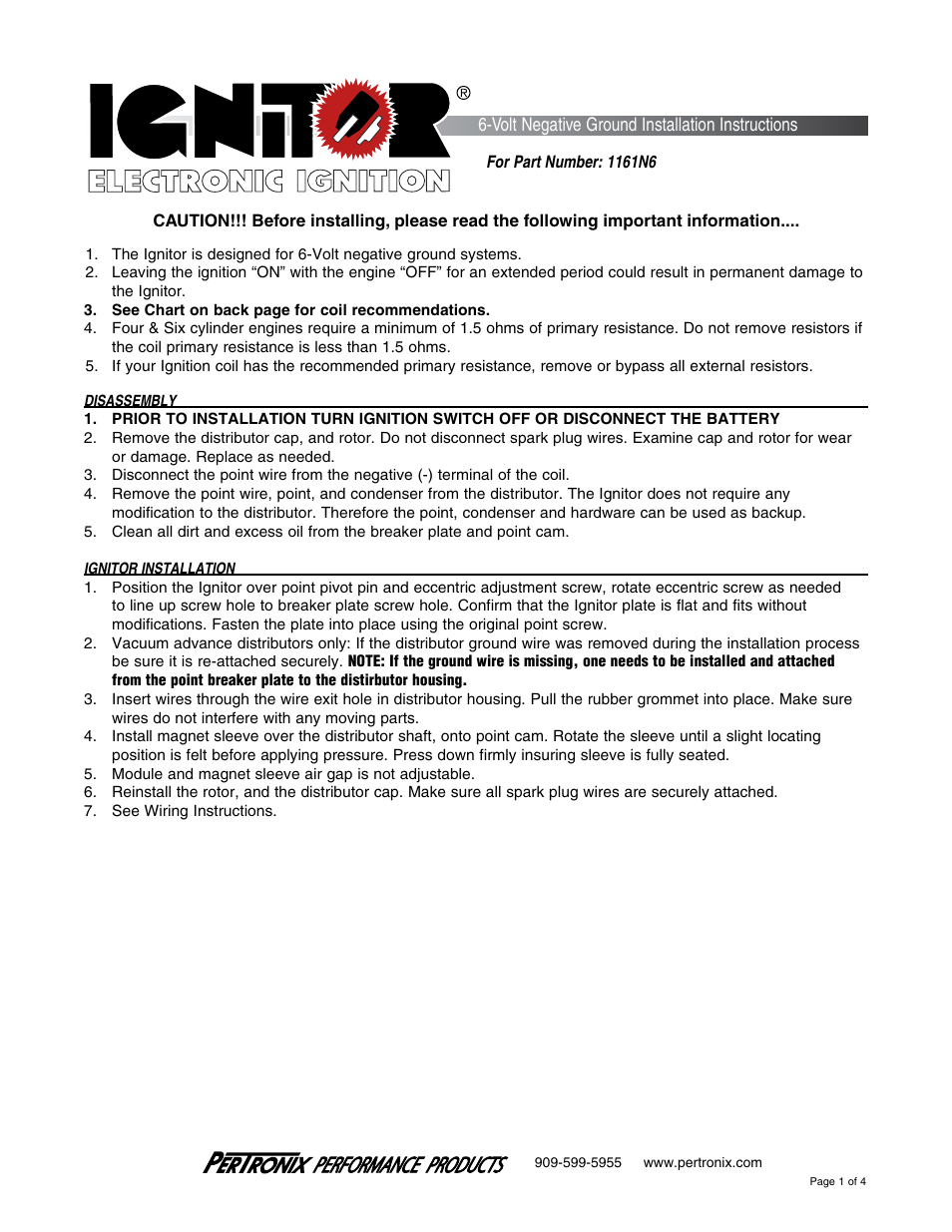 PerTronix Ignitor 1161N6 User Manual | 4 pages